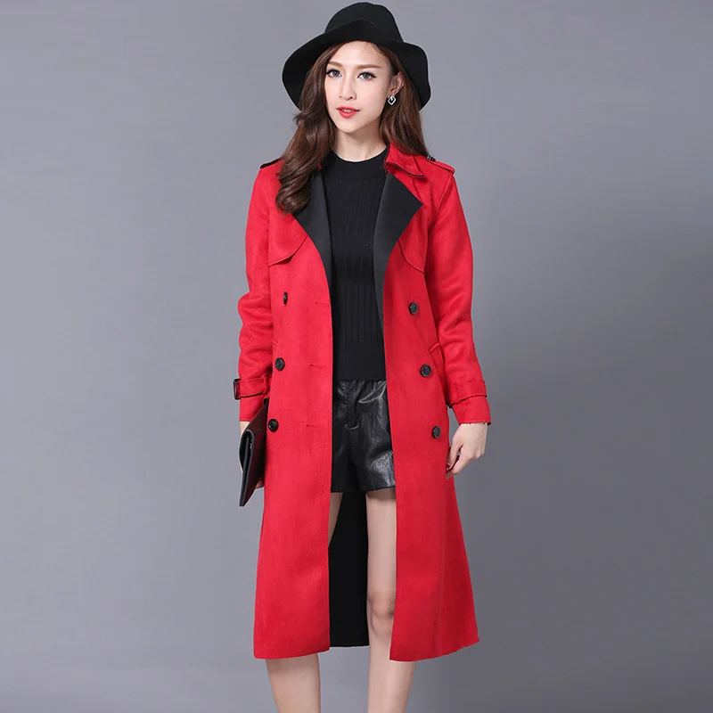 Двубортный Новый женский замшевый длинный Тренч кардиган на весну и осень тонкое