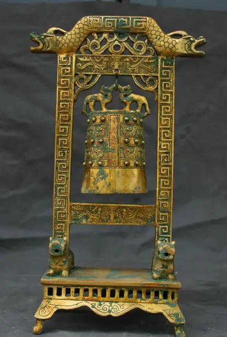 14 4 &quotКитай Бронзовая посуда позолоченный два головы дракона чудовище тигра база