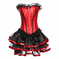 6xl gothic steampunk women corset dress sexy lace up satin bustier burlesque overbust corset with mini skirt fancy dress corset