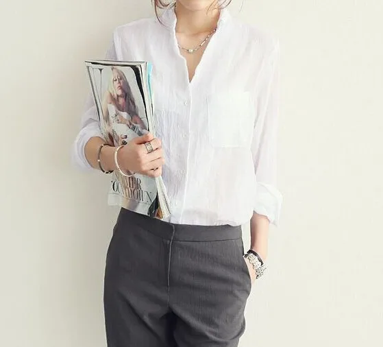 Женская льняная рубашка на пуговицах свободная большого размера с длинным