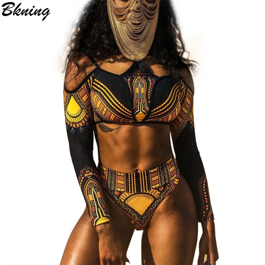 Bkning плюс Размеры бикини Африканский Купальники для малышек Холтер Купальники Высокая талия Купальник с длинным рукавом монокини с открытыми плечами ванный комплект