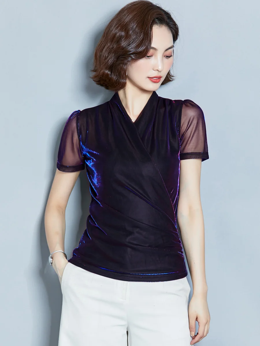 Для женщин короткий рукав блуза 2019 Новое поступление летнее платье с v образным