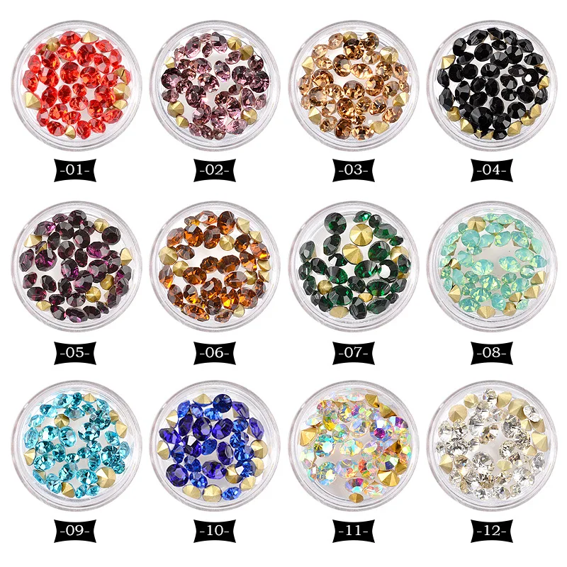 12 коробок разноцветные прозрачные стразы с острым дном разные размеры 3D