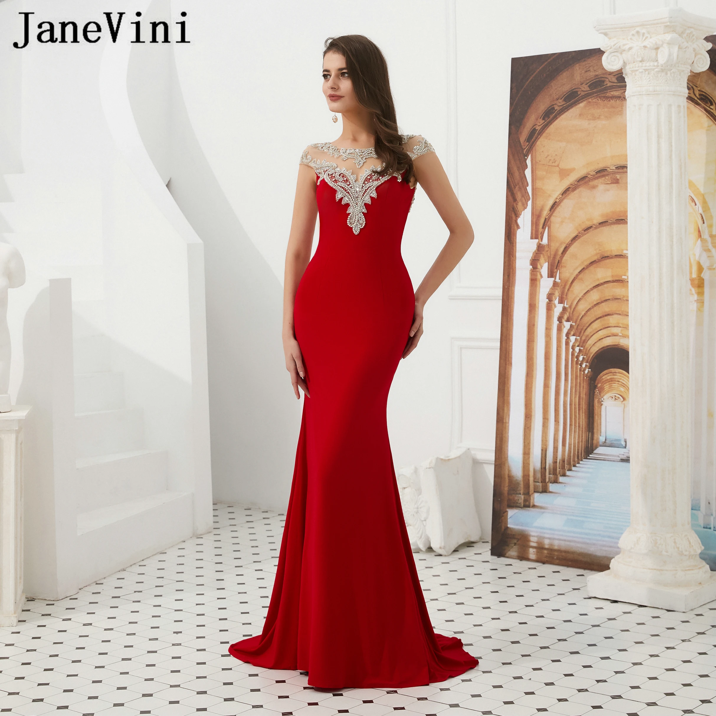 JaneVini/Роскошные красные длинные вечерние платья с бусинами 2019 рукавами
