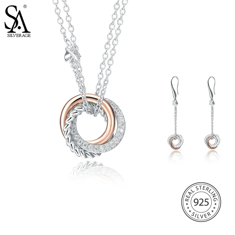 

SA SILVERAGE Drop Dangle Earrings for Women Fine Jewelry 925 Sterling Silver Jewelry Sets AAA Zirconia Necklaces Round Silver