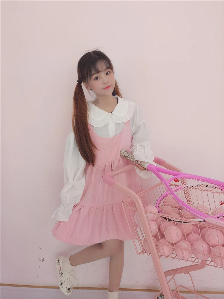 Lolita Dress Sweet Cute Kawaii Girls OP Princess Maid Vintage Ruffles Skirt Puff Sleeve Top and Pink Women Round Collar | Тематическая