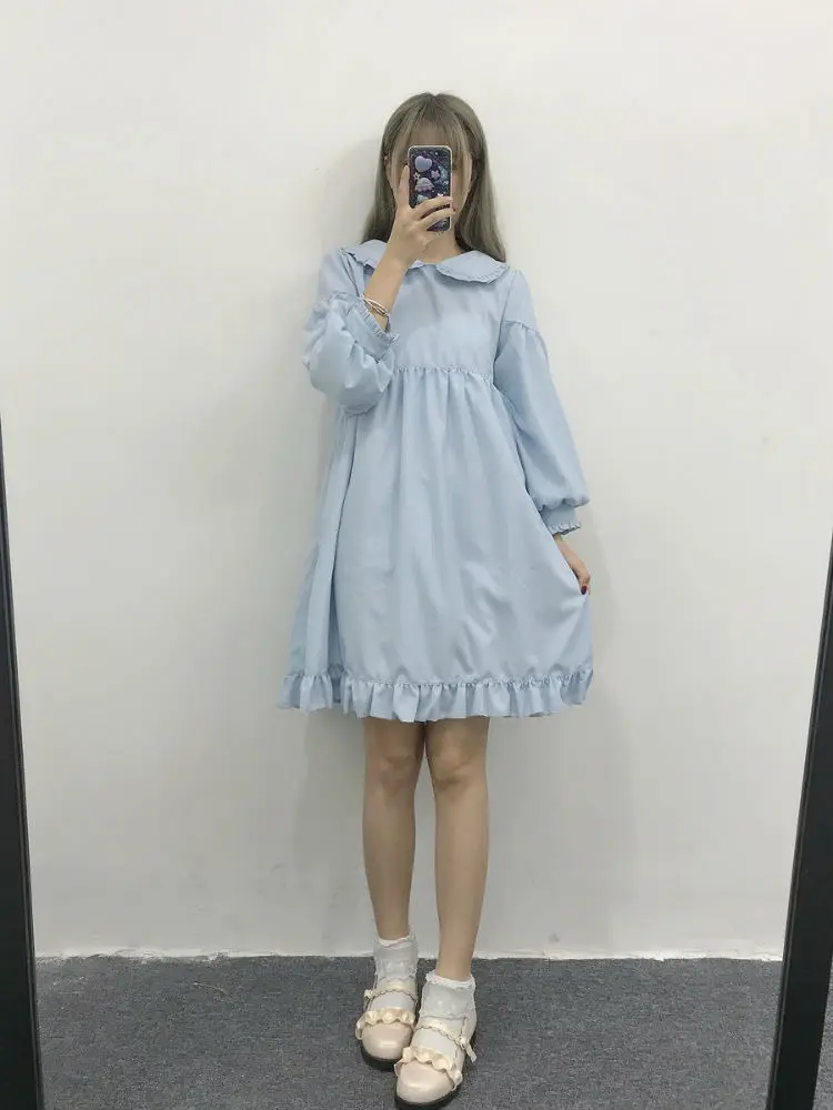 Женское платье в японском стиле Kawaii в стиле Лолиты; однотонные розовые и синие платья; милая втулка в стиле Лолиты для девочек; воротник-кукла с фартуком; юбка дворец - Цвет: only blue dress
