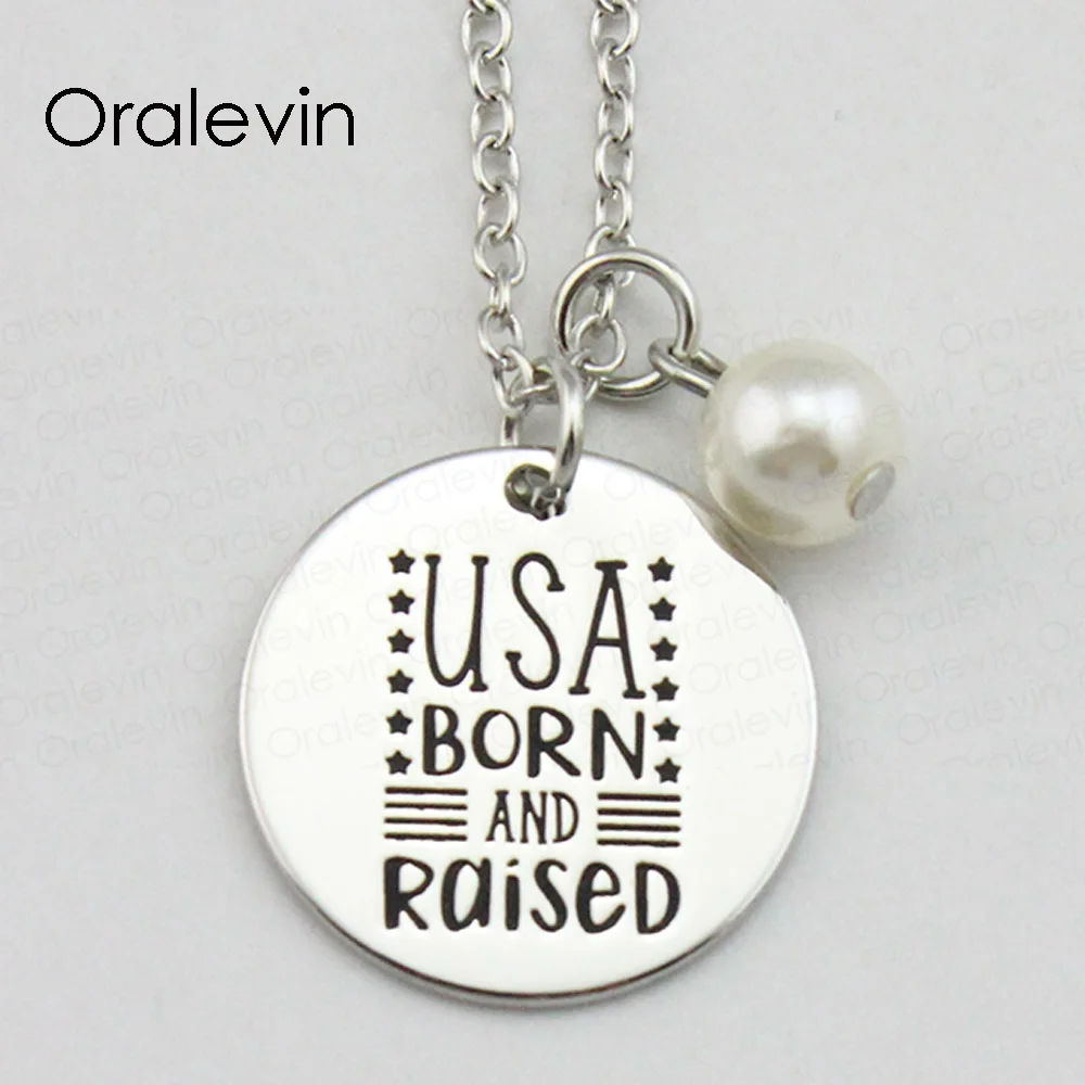

USA BORN AND RAISED Inspirational Hand Stamped Engraved Custom Charm Pendant Accessories Necklace Jewelry,10Pcs/Lot, #LN1973