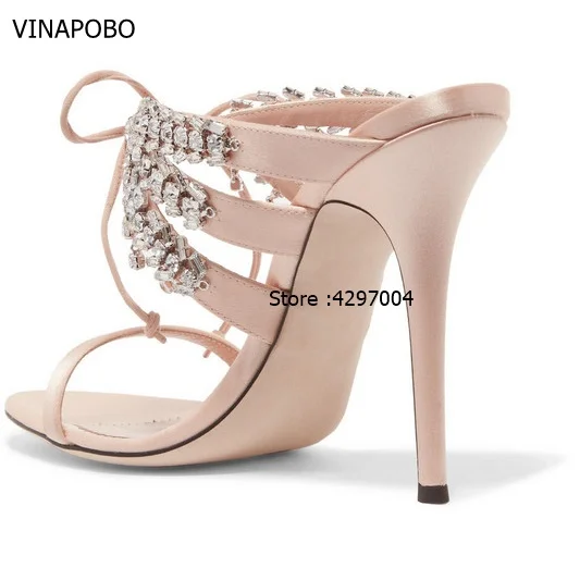 Vinapobo телесного цвета Атлас шпалы Slingback Для женщин Шлёпанцы на высоком каблуке с открытым носком женские шлепанцы лето кристалл декор Bling сандалии для вечеринок