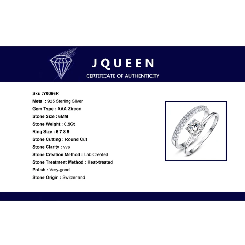 JQUEEN 0,9 карат набор колец круглой огранки из твердого 925 пробы серебра Bague 2 шт. обручальное свадебное кольцо набор ювелирных изделий с коробкой