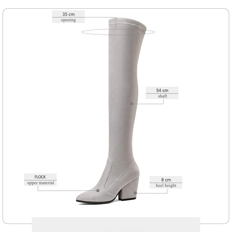Сапоги женские эластичные выше колена с острым носком на толстом высоком каблуке