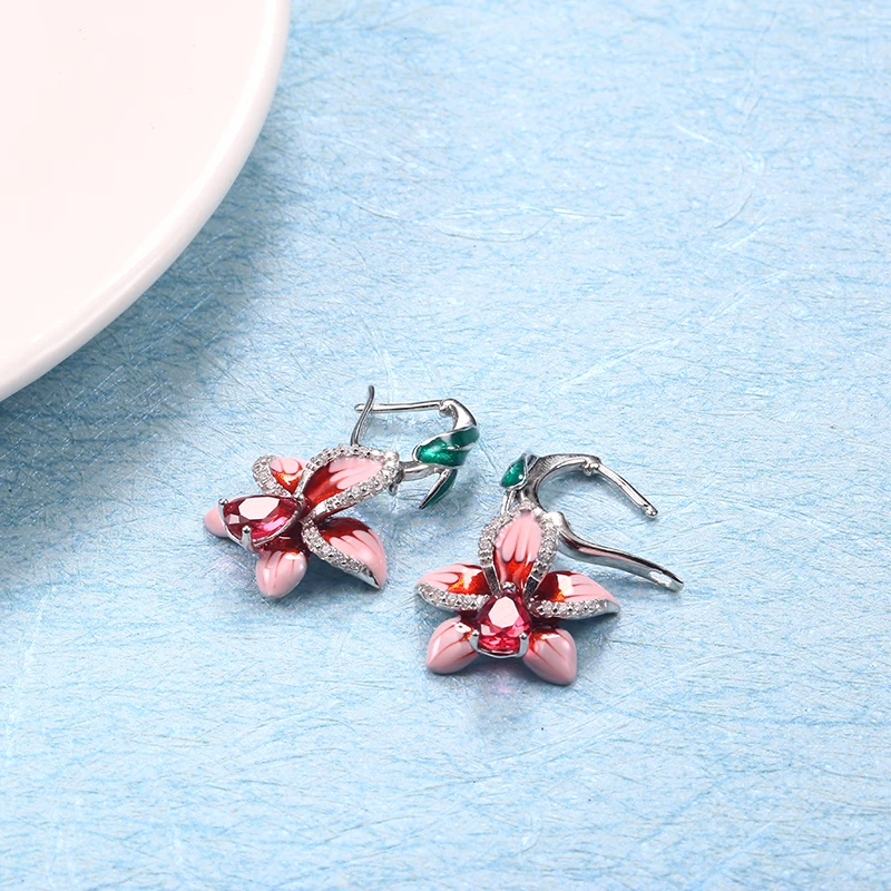 Розовый эмалированный цветок ювелирный набор женские серьги заглушки колец