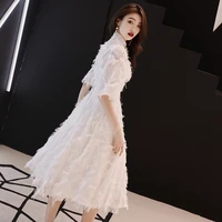 elegant white evening dress standing collar feather tassel formal dress luxury special occasion dresses size s xxl