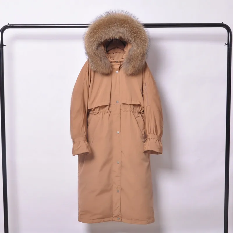 khaki-brown fur Большой натуральный мех енота зимняя куртка для женщин с капюшоном женские свободные пальто с капюшоном Длинная пуховая парка Толстая теплая куртка-пуховик на белом утином пуху - Цвет: khaki-brown fur