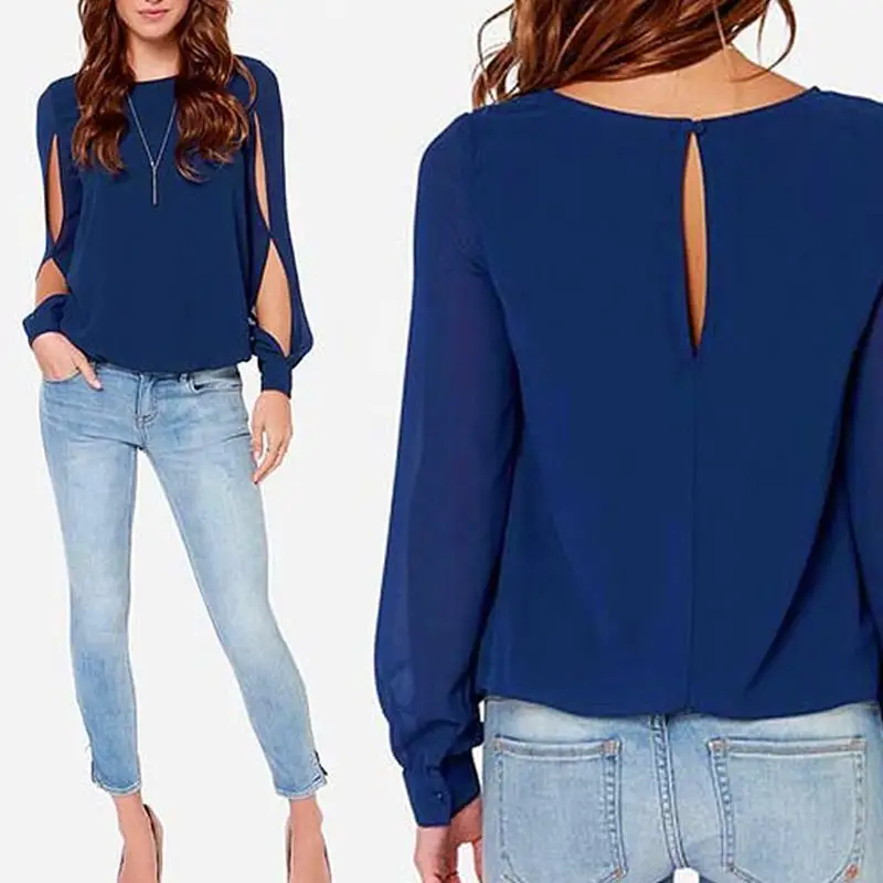 2018 Women Blouse Long Sleeve Hollow Out Sexy Casual Shirt Fashion Chiffon Tops Blue Pink Purple O neck |