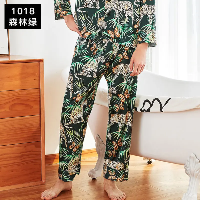 1018 Green Пижамы для мужчин, шелковые, атласные, с принтом, для сна, летние, модные, простые, свободные, повседневные, пижама, Hombre, брюки, MA50163 - Цвет: 1018 Green