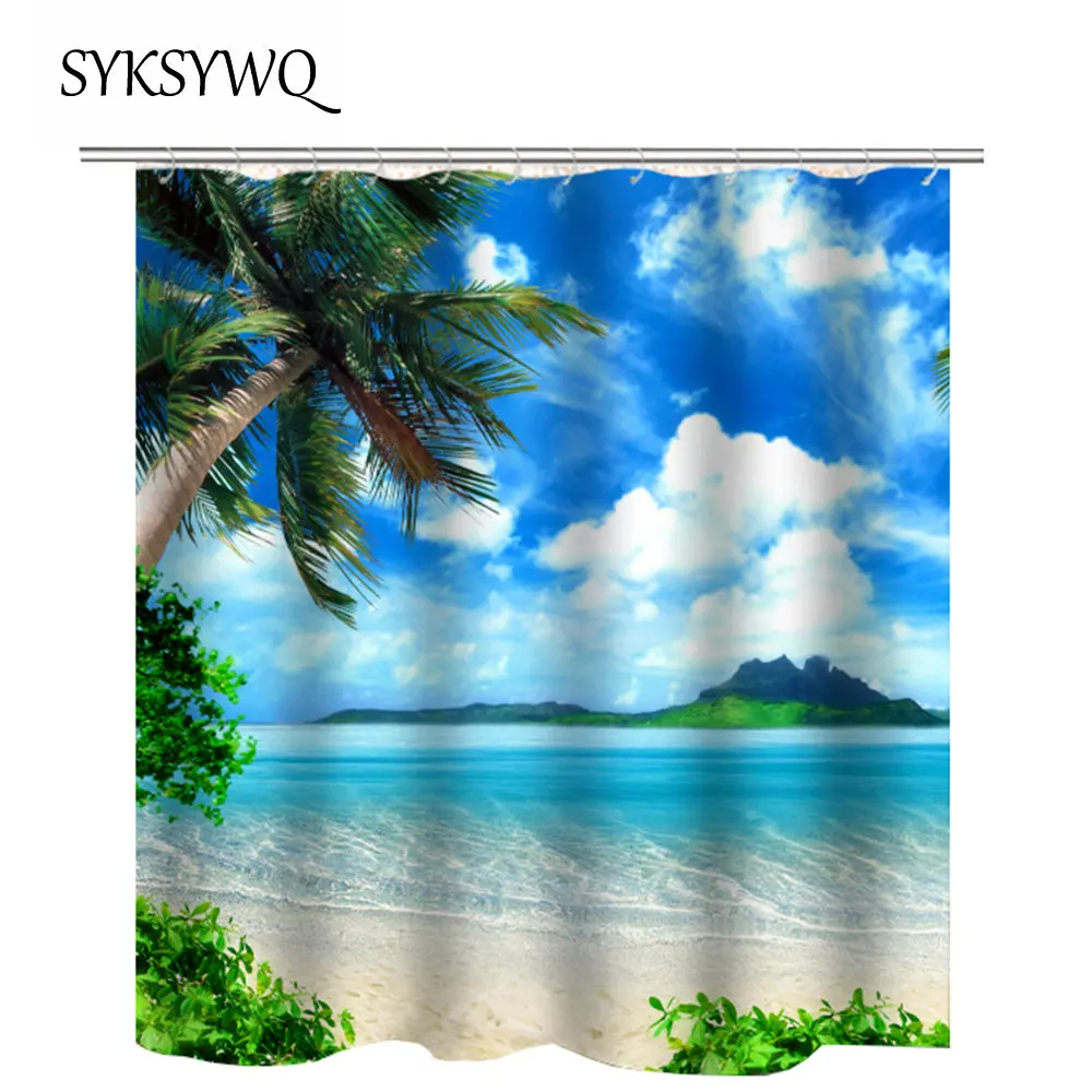 Синяя занавеска для душа зеленая Кокосовая пальма ванная комната голубое небо