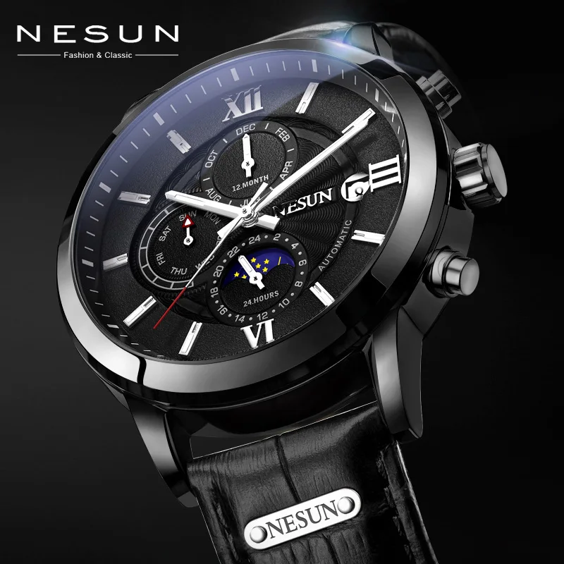 black-black-leather Nesun автоматические механические часы для мужчин люксовый бренд водонепроницаемые часы из нержавеющей стали Элитный бизнес стиль подарок для мужчин скелет - Цвет: black-black-leather