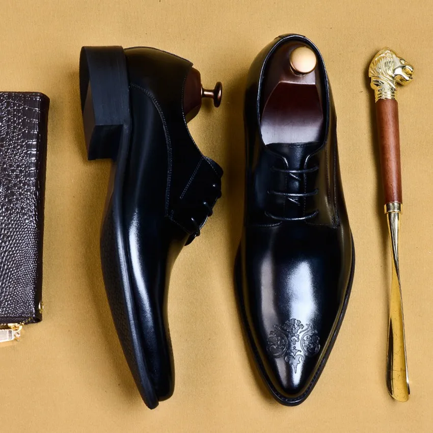 

Italian Genuine Leather Formal Dress Handmade Man Derby Shoes Pointed Toe Laces Men's Wedding Office Oxford For Gentleman AS120