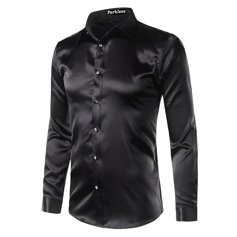 Новинка, Золотая шелковая атласная рубашка для мужчин, Chemise Homme,, модная мужская приталенная рубашка с длинным рукавом, имитация шелковой пуговицы, красная рубашка