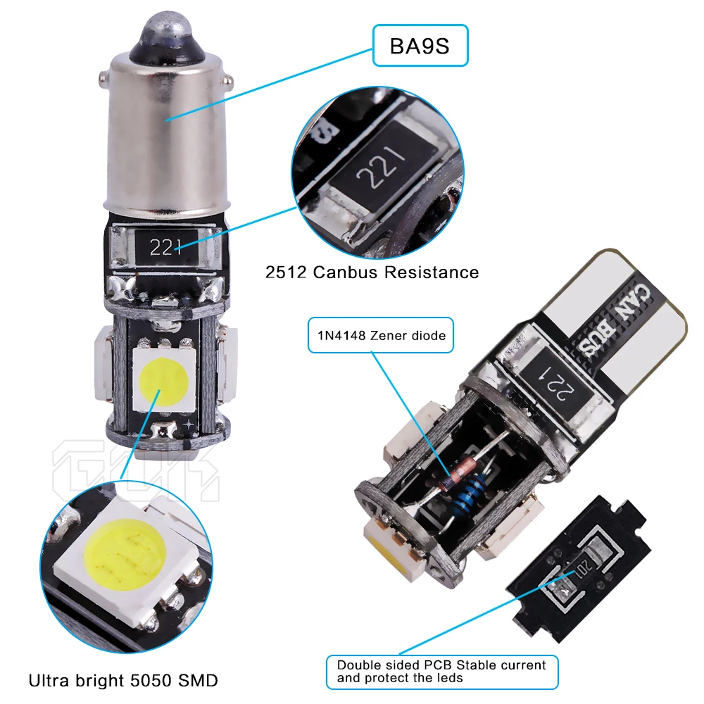 10 шт. автомобильная лампа Led canbus BA9S LED 12В 5smd T4W H6W 5050 Светодиодная Внутреннее