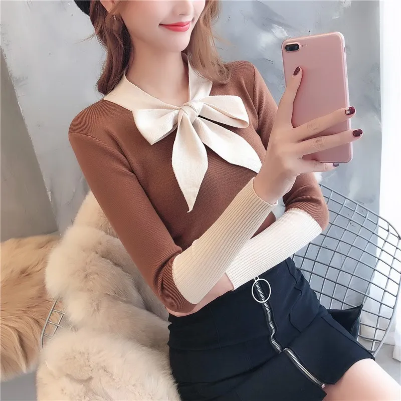 Women Long Sleeve Bow Sweater Fashion 2019 Korean Ruffled Collar Pullover Female Slim Knitted | Женская одежда