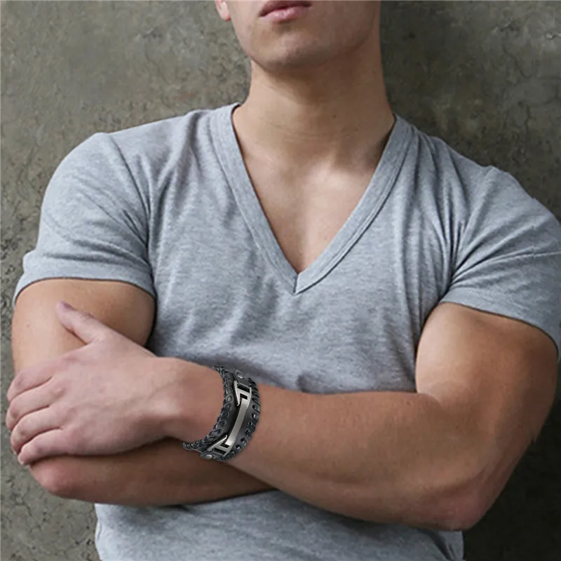 Мужской кожаный браслет Boniskiss черный широкий с застежкой из сплава | Украшения и