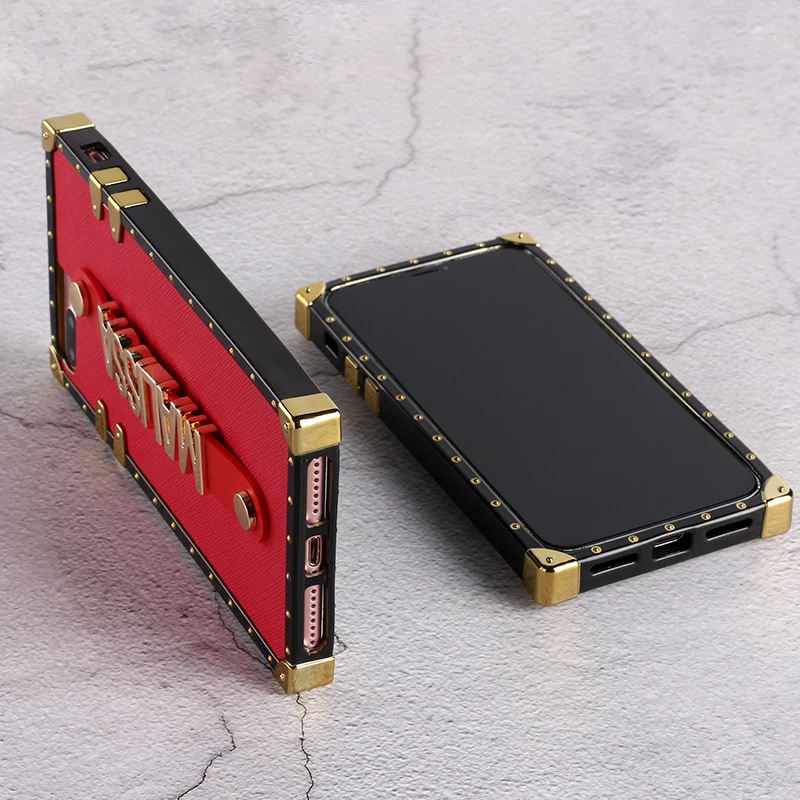 For iPhone 11 Pro 6S XS Max XR 7 7Plus 8 8Plus X Custom Leather Trunk Case Holding Strap Gold Metal Personalized Name Phone Case