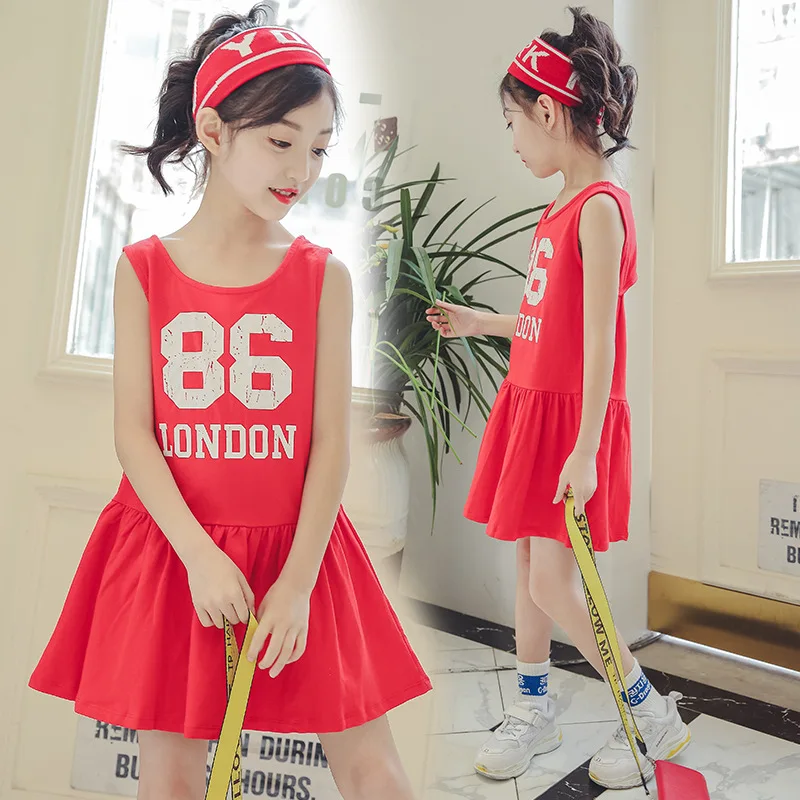 Kids Girls Cotton Summer Dresses 2019 New Big Teenage Sleeveless Dress Preppy for Red Vestidos 8 9 10 12 Years | Детская одежда и