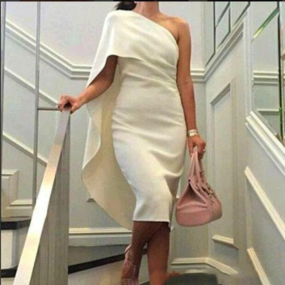 

2022 Fashion Cocktail Dress Evening Party Dresses Sheath Column Fitted One Shoulder Under Knee Length Club Gowns