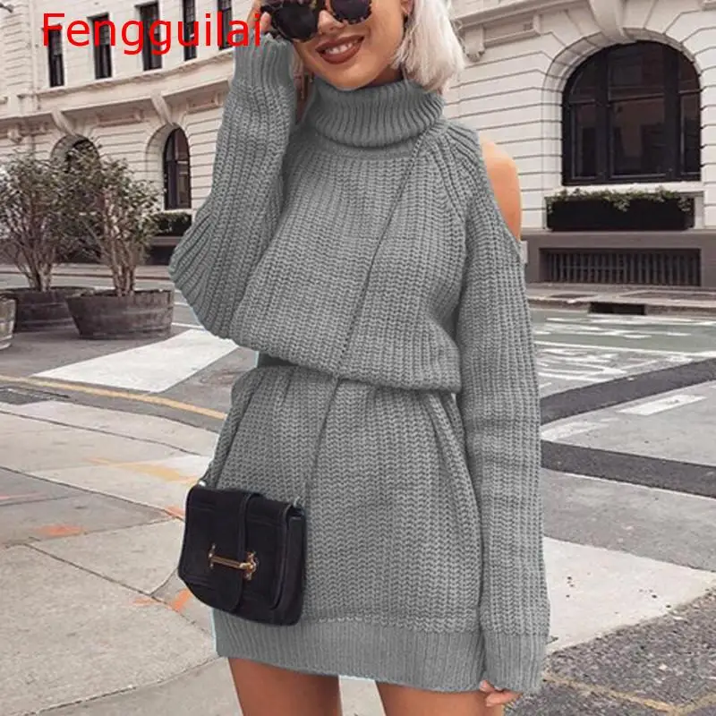 

Fengguilai Autumn Winter Turtleneck Off Shoulder Knitted Sweater Dress Women Solid Slim Plus Size Long Pullovers Knitting Jumper