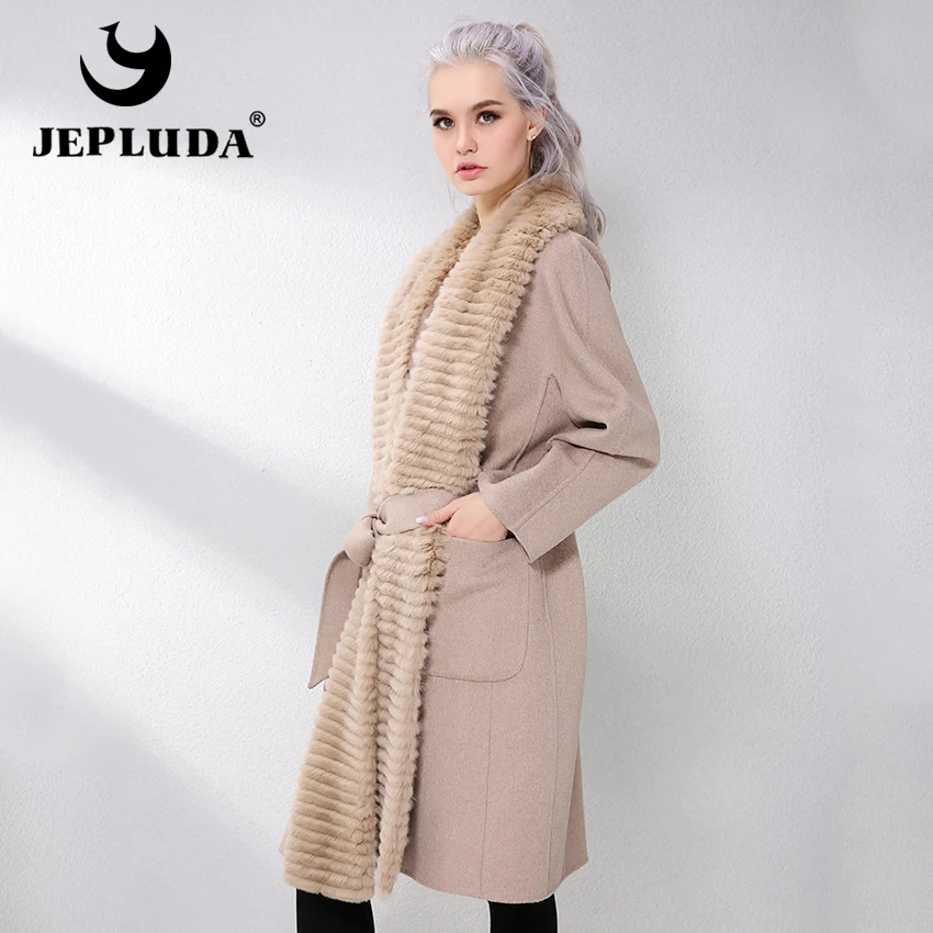 JEPLUDA New Cashmere Coat Women Genuine Rex Rabbit Fur Lapel Collar Wool long Real Leather Jacket Women|Шубы и дубленки| |