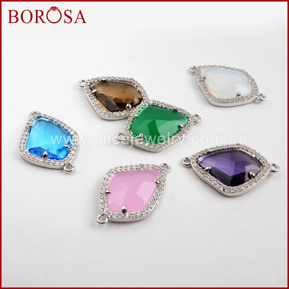 

BOROSA 10/15PCS Mixed Color Drusy Micro Pave CZ Rhinestone Faceted Stone Silver Color Connector for Necklace Jewelry WX923