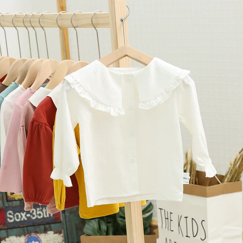 Dollplus/детские белые рубашки для маленьких девочек; Осенняя детская одежда с длинными рукавами; милые топы для малышей; блузки с оборками и отложным воротником для девочек - Цвет: Белый