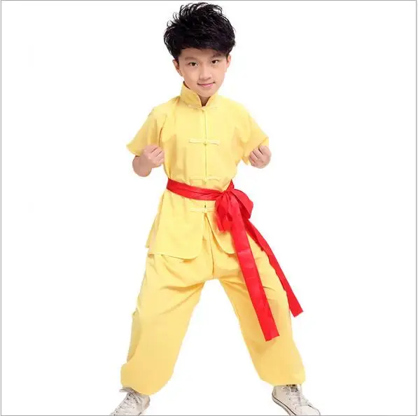 yellow short sleeve Детский синий желтый тхэквондо добок Wushu кимоно для дзюдо Китайский кунг-фу костюм Тай Чи форма для боевых искусств - Цвет: yellow short sleeve