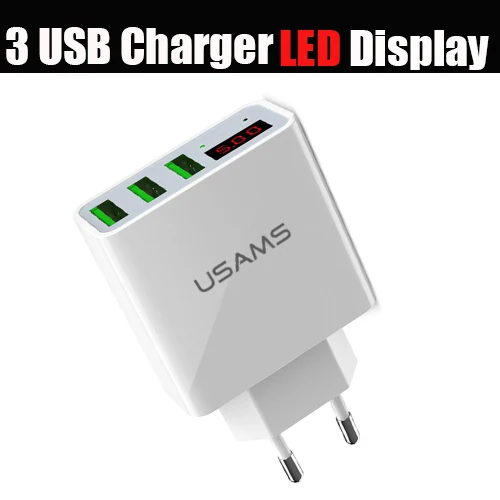 3 USB LED White USAMS 1USB 2USB 3USB зарядное устройство для телефона с европейской вилкой светодиодный дисплей 3.4A Быстрая зарядка мобильное настенное зарядное устройство для iPhone iPad Samsung адаптер - Тип штекера: 3 USB LED White