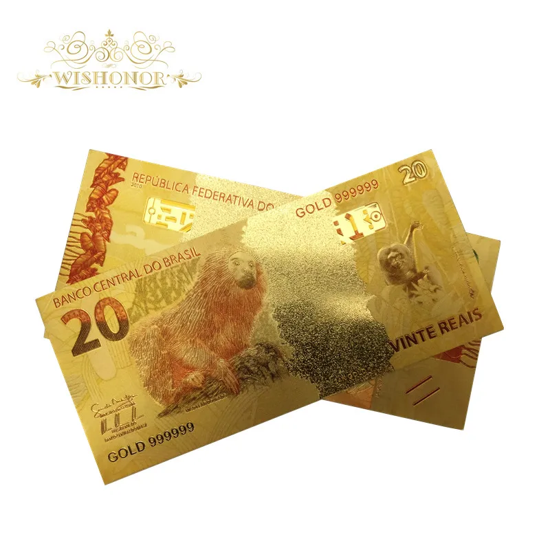 

10pcs/lot Color Brazil Gold Banknotes 20 Reals Banknote in 24K Gold Fake Paper Money For Collection