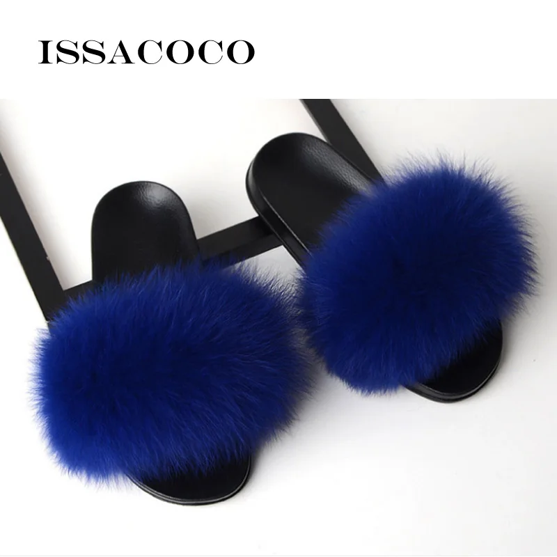 Blue ISSACOCO/женские пушистые тапочки; женские милые плюшевые пушистые тапочки с лисьим мехом; женские меховые тапочки; зимние теплые тапочки для женщин - Color: Blue