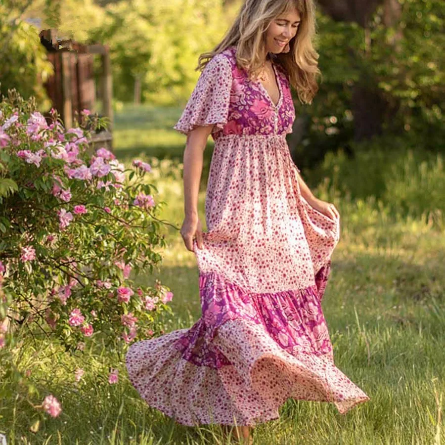 Милое бохо платье роза Мода цветочный принт короткий рукав летние платья Винтаж