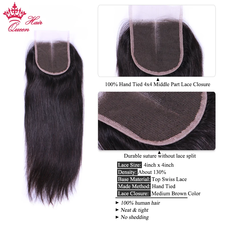 Фото Queen Hair Official Store HD Lace Brazilian Virgin Hair Closure 4x4 Middle Part Straight Natural Color 1B HD Swiss Lace Closure №3