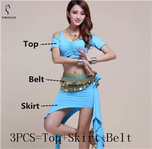 Ocean Blue 3pcs Костюм для танца живота практическая одежда сценическая одежда для взрослых Восточный Болливуд индийский Топ Юбка Пояс тренировочная одежда 8 цветов - Цвет: Ocean Blue 3pcs