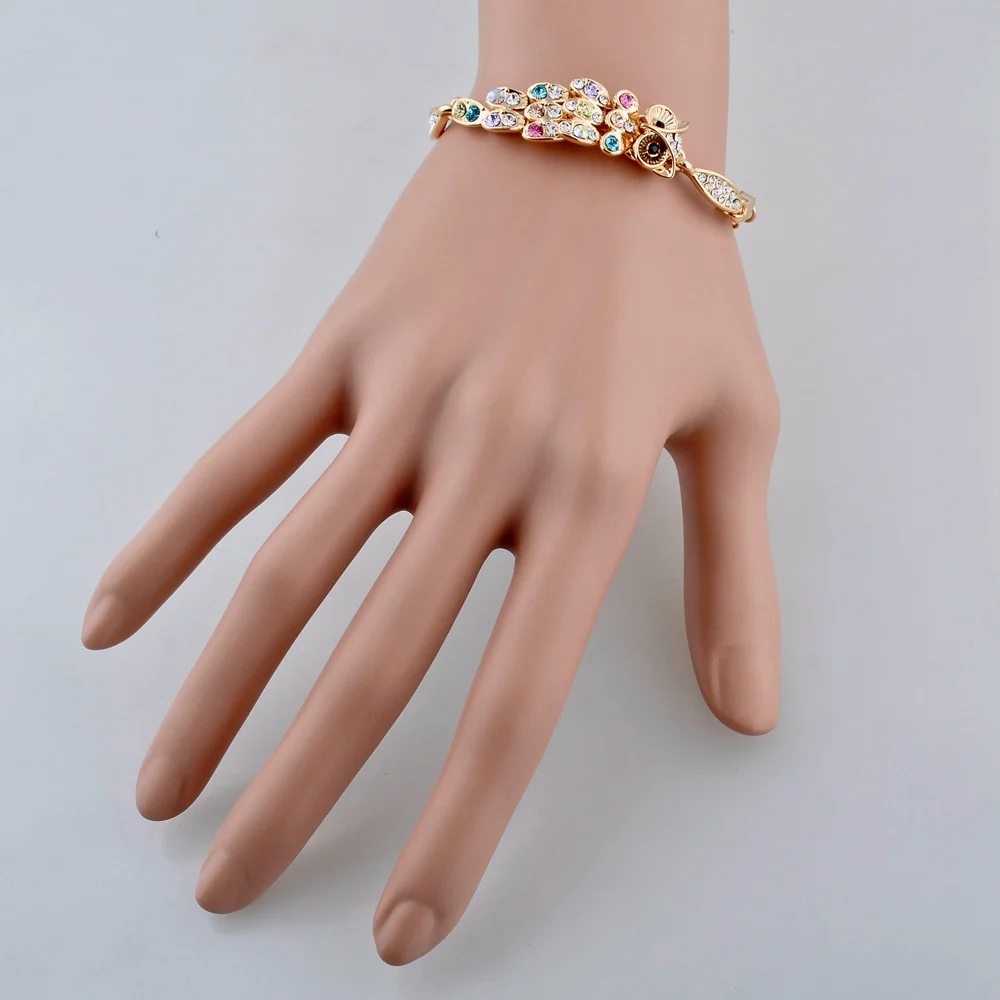 Женские разноцветные браслеты с австрийскими кристаллами Сова золотистые