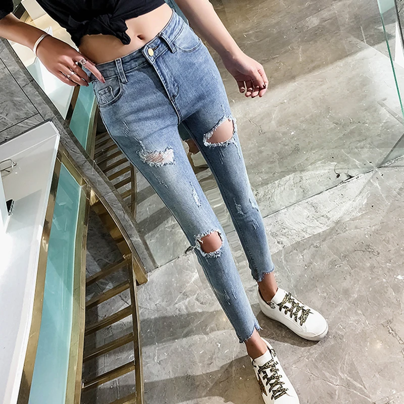 Рваные джинсы для женщин весна-лето 2019 с высокой талией модные уличные