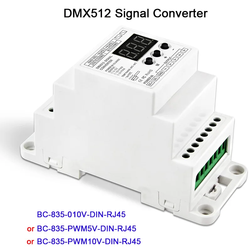 

Led 5CH Din Rail DMX512 controller,/1990 signal to 0-10V or PWM 10V 5V signal converter DC12V-24V,BC-835-010V-DIN-RJ45