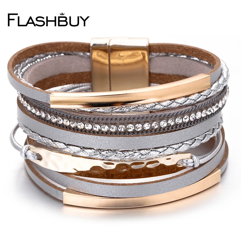 Модный Многослойный кожаный браслет Flashbuy из сплава для женщин и мужчин