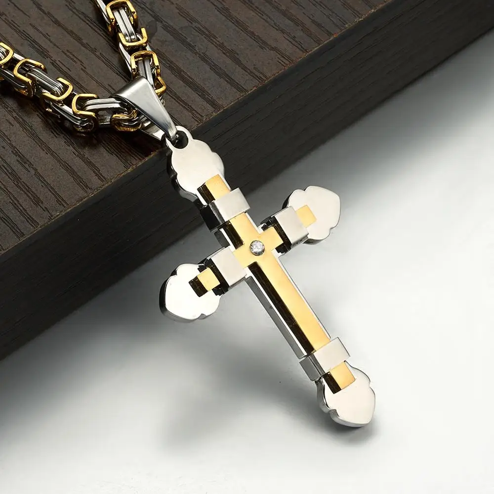 High Quality Men's Jewelry Byzantine Stainless Steel Silver Color&ampGold Chain Catholic Crucifix Pendant Male Punk Rock Ornaments |