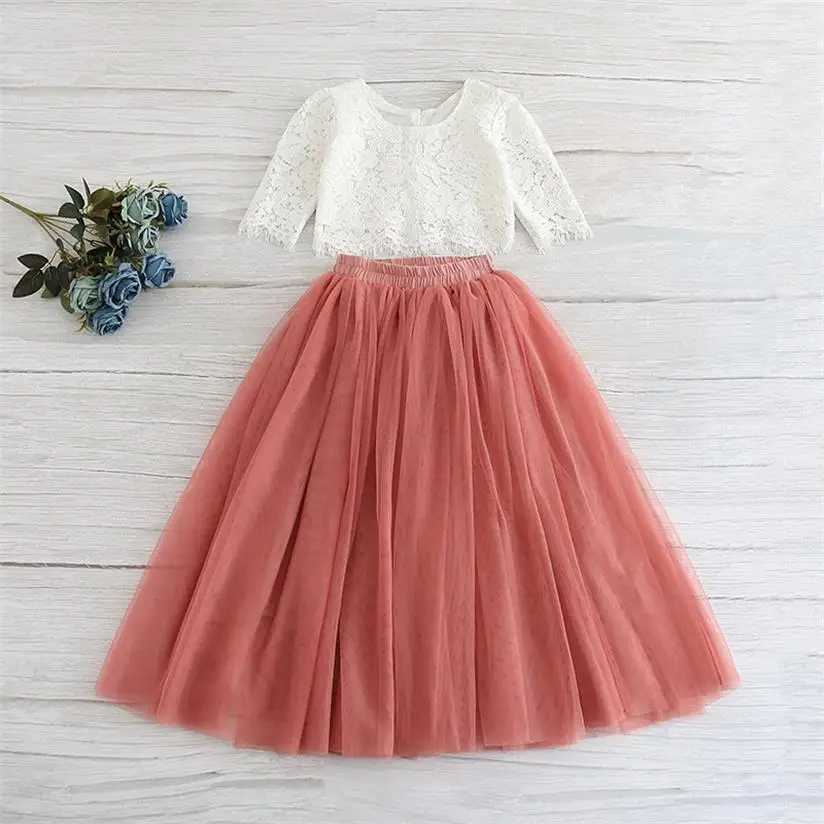 dusty rose Г. Весенне-летний комплект одежды для девочек, кружевной топ с короткими рукавами+ розовая длинная юбка цвета шампанского детская одежда От 0 до 10 лет E17121 - Цвет: dusty rose
