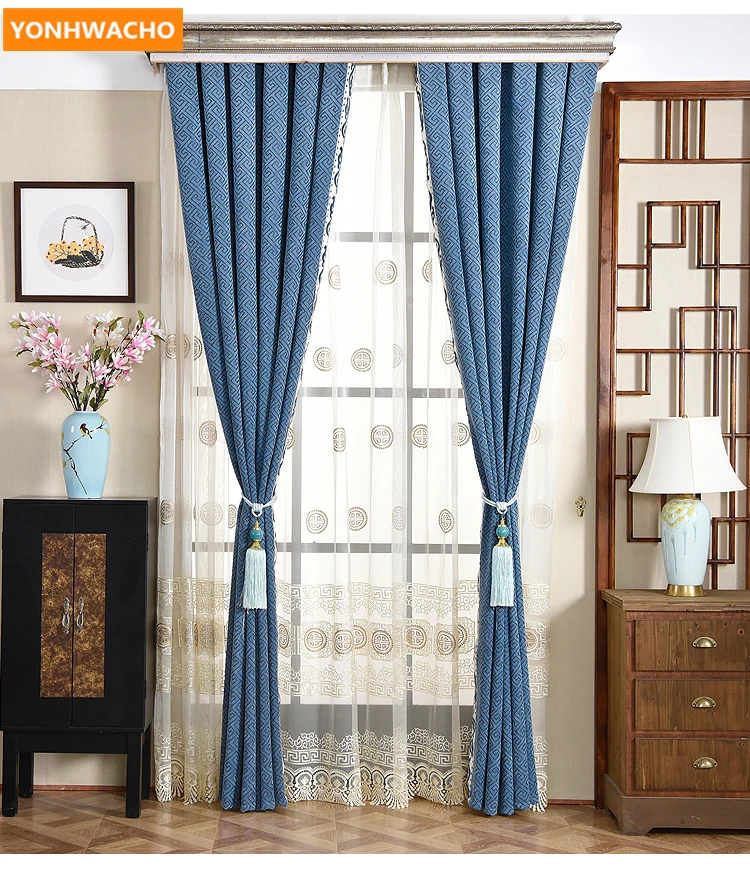 Занавески на заказ Роскошные для гостиной пол окно синель в полоску синяя