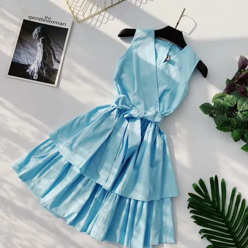 ALPHALMODA, летнее женское платье принцессы без рукавов с двойным слоем, с высокой талией, с поясом, для девушек, бальное платье, милое, с оборками, Vestidos