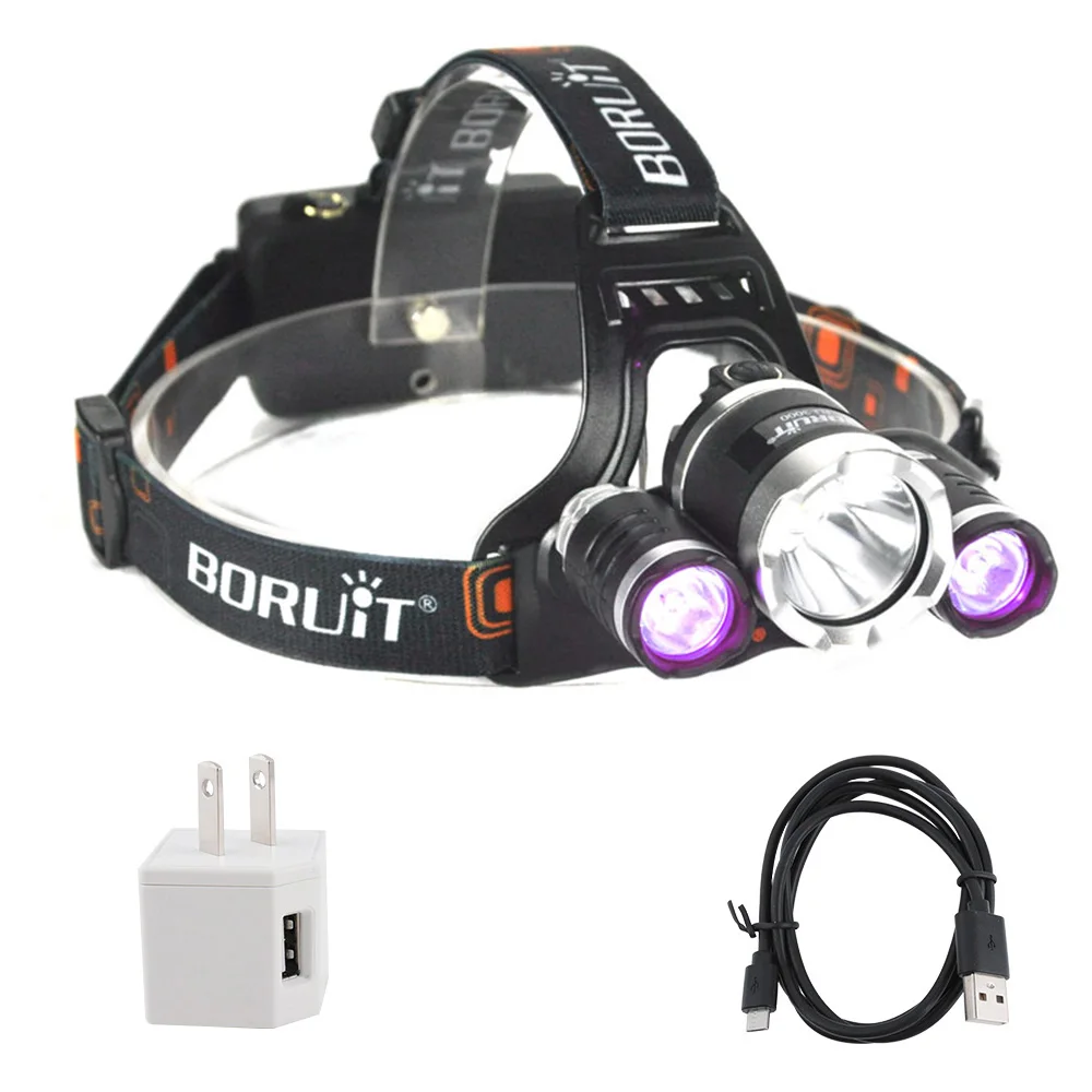 BORUiT T6 белый+ 2* XPE фиолетовый светодиодный налобный фонарь 3-Mode Rehargeable UV Фара Водонепроницаемый Головной фонарь фонарик для поиска - Испускаемый цвет: A